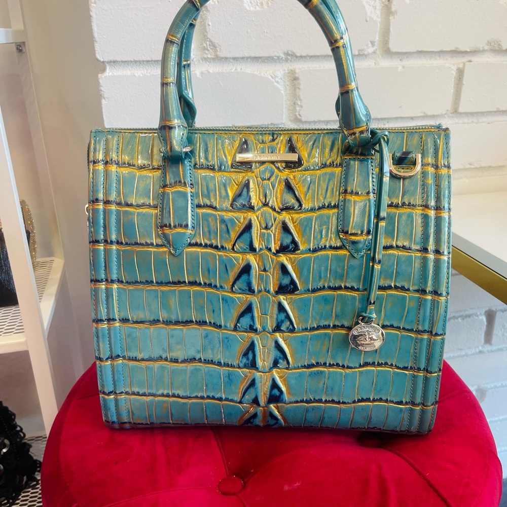 Brahmin Turquoise and Gold Satchel